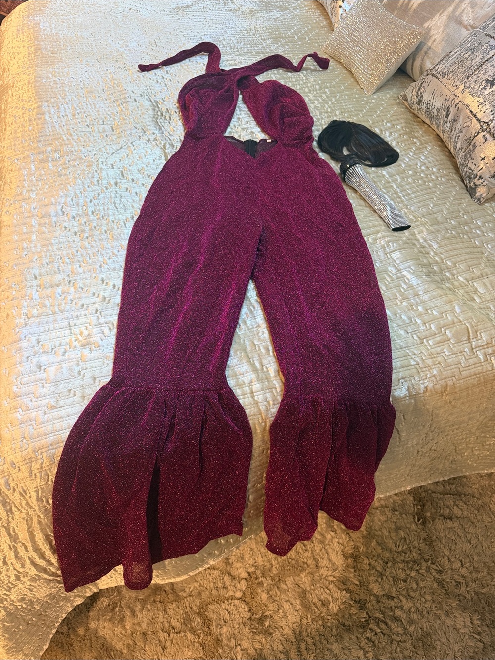 Sparkle Halter Ruffle-Hem Jumpsuit in Burgundy for Selena dress up costume